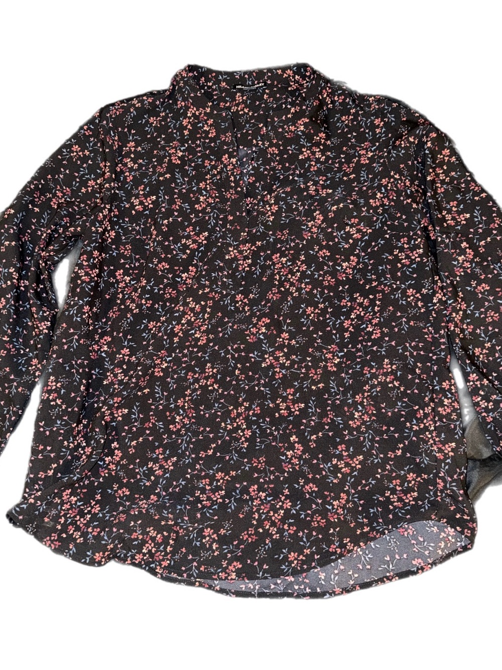 Hilary Radley Black Floral Long-Sleeve Blouse with Pink Print